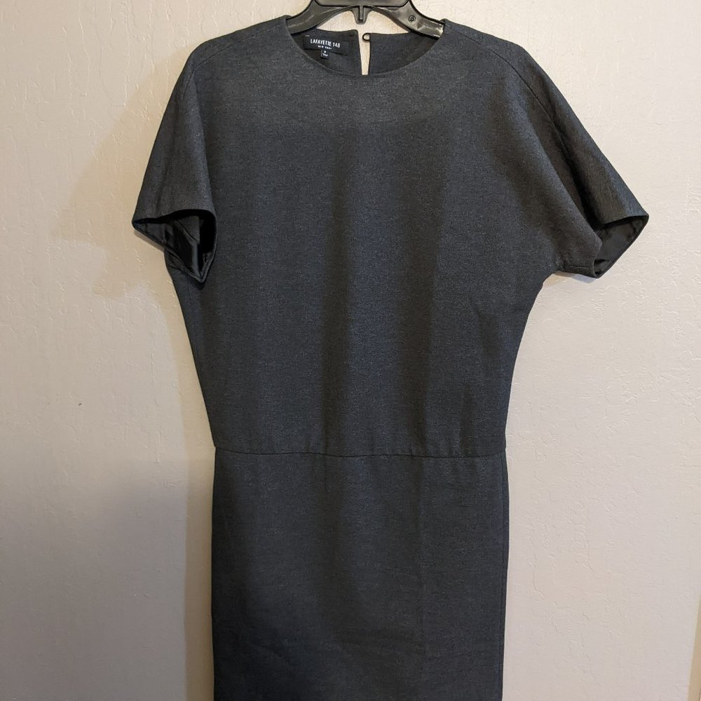 Lafayette 148 slouchy, stretchy drop waist dark gray short sleeved dress, P